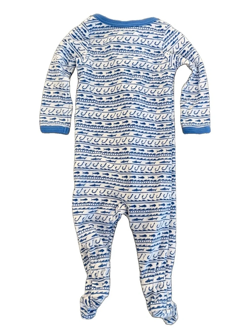Vineyard Vines 0-3m Boy White Blue Fish Zipper Footed Pajamas, Pima Cotton EUC